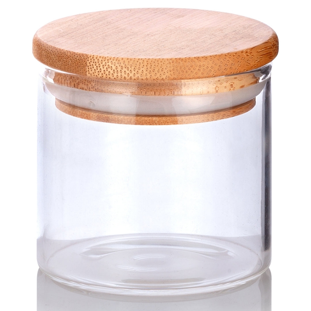 4 oz Clear Glass Borosilicate Jar with Bamboo Silicone Sealed Lid (8 Pack)